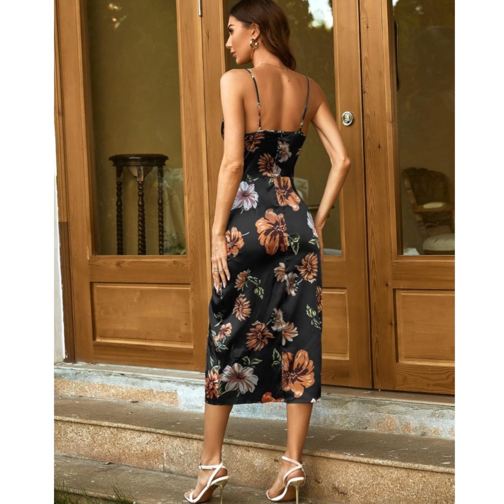 Floral Print Cowl Neck Sleeveless Ruched Split Thigh Satin Dress - Picture 2 of 9